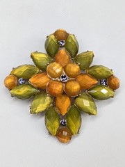 Vintage NWOT Olive Green Amber Rhinestone Cluster Flower Brooch 2.25in