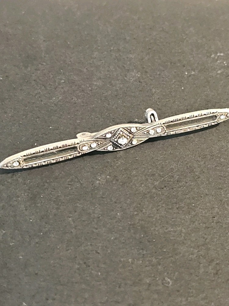 Antique Silver Tone Bar Pin Art Deco Edwardian Rhinestones Dainty Brooch 1910’s