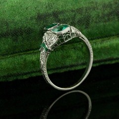 Art Deco Emerald & Lab Created Diamond Two-Stone Wedding White Gold Finish Ring