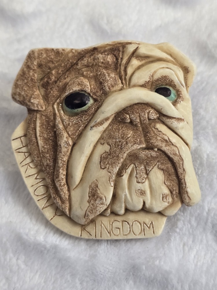 Vintage Harmony Kingdom Pin English Bulldog Resin Brooch Retired 3D Green Eyes