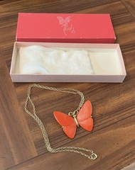 Vintage Trifari Butterfly Necklace Orange Acrylic Smaller Gold Tone