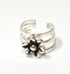 Vintage Earrings Silver Ear Cuff With Black Flower Clip On Huggie Jewelry J159