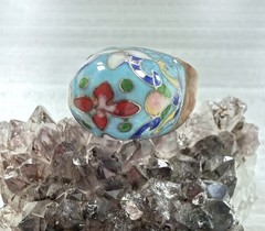 VTG Chinese Blue Cloisonne Enamel And Copper Ring Flowers Leaves Stems Sz 7