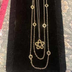 Vintage Marked CELEBRITY Necklace Gold Chains 36 In Unique Clasp Glass Pendant