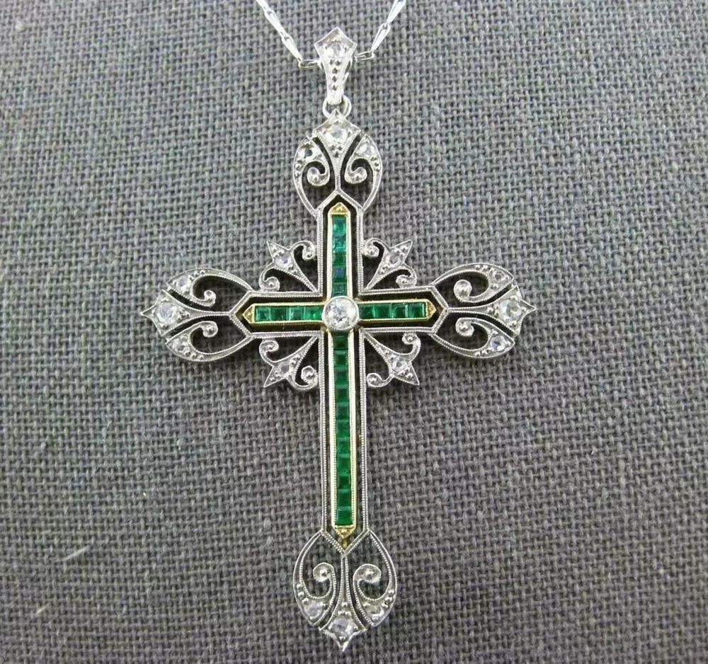 3CT Art Deco Vintage Style Cross Pendant Lab Created Diamond 14k White Gold FN