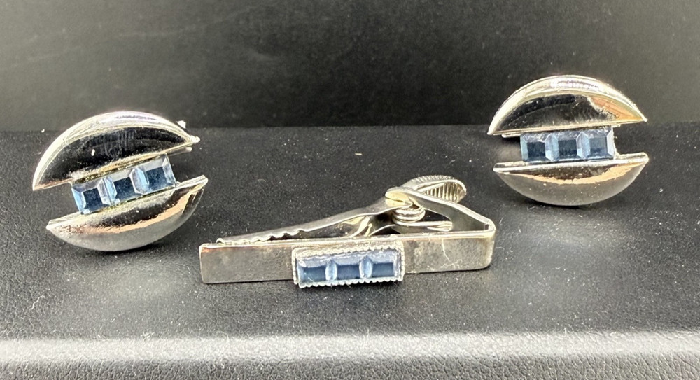 Vintage Cufflink Tiebar Clip Set Silver Tone Blue Rhinestone