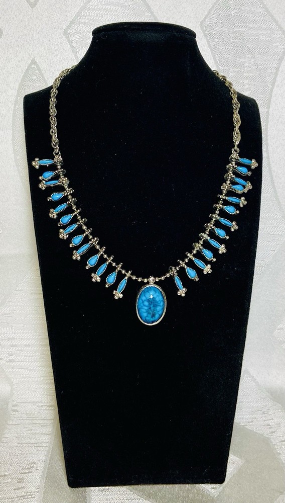 Vintage Turquoise Blue Cabachon Necklace Southwestern Style Fringe Dangle 16”