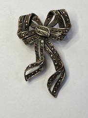 Vintage Ribbon Bow Brooch Pin 925 Sterling Silver Marcasite Rhinestone 11.5 g