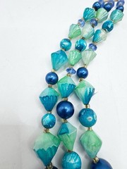 Vtg Hong Kong 3 Strand Beaded Collar Necklace Peacock Blue Turquoise Iridescent