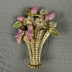 Vintage Pink Rhinestone Enamel Flower Basket Brooch Green Floral Pin