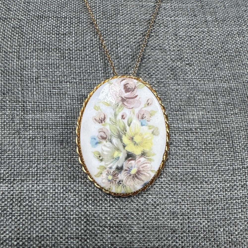 Vtg LARGE PORCELAIN PAINTED PINK FLOWER CAMEO BROOCH PENDANT NECKLACE GF 12-20