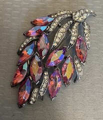 Weiss Signed Vintage AB Hot Pink Marquise Rhinestone Spray Brooch Silvertone 3″