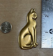 Vintage XL Raw Brass Sitting Cat Stamping 2.5” Art Deco Style Flat Back NOS Find