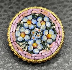 Vintage Italy Micro Mosaic Floral Daisy Brooch Pink Blue Gold Tone