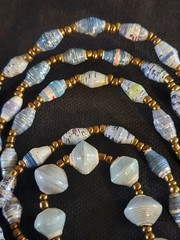 Vintage Necklace And Bracelet Set/ Paper Beads/ Blue And Gold / 29 Inch Long