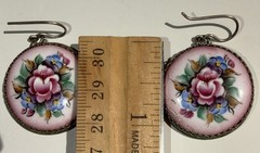 Vintage Earrings Rostov Finift Russian Enamel Painted Floral Dangle Silver Tone
