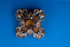 Vintage Rhinestone Brooch Pin Gold Tone 1.75″ Square Amber Clear Crystal Cluster