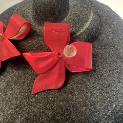 Vintage Signed TONA Metal Red Bow Gold Tone Rhinestone Christmas Earrings