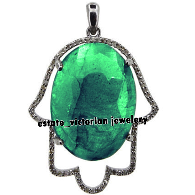 Vintage 1.07ct Rose Cut Diamond Emerald Silver Hand of God Hamsa Pendant Jewelry