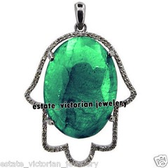 Vintage 1.07ct Rose Cut Diamond Emerald Silver Hand of God Hamsa Pendant Jewelry