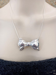 Vintage Sterling Silver Bow Necklace Brooch Puffy Tie Modernist 80s Israel Bold