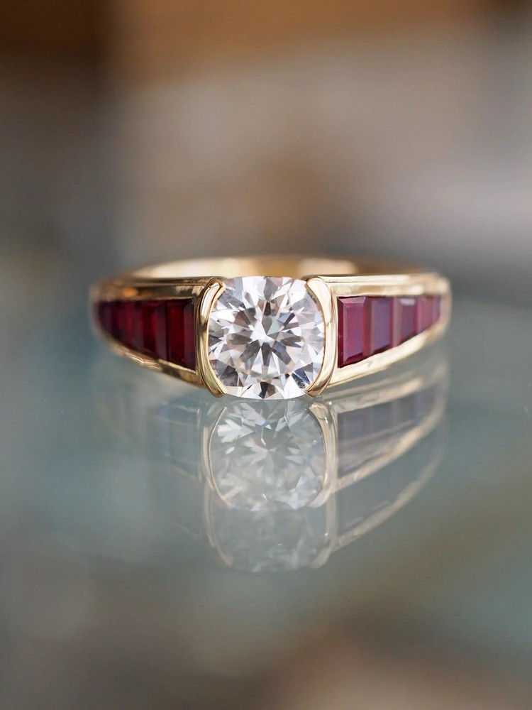 Vintage Art Deco Style Lab Create Ruby & Moissanite Ring Bezel Set Baguette Ruby