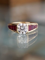 Vintage Art Deco Style Lab Create Ruby & Moissanite Ring Bezel Set Baguette Ruby