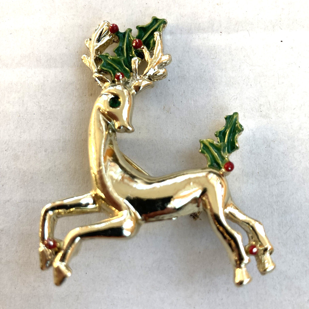 Vintage Gerry’s Christmas Brooch Reindeer Pin Gold Tone Green Holly