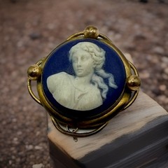 Antique Victorian Art Nouveau Wedgwood Blue Jasperware Lady Brooch Safety Chain