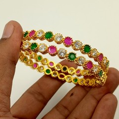 Luxury Ruby Emerald CZ Bangle Set, 22k Gold Plated, Elegant Traditional Wear