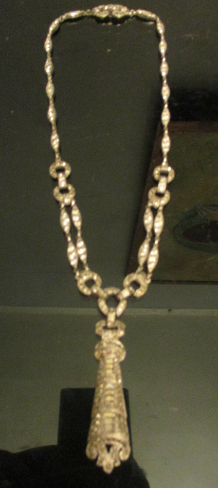 HTF Antique Edwardian Art Deco Pave Rhinestone Silver Tone Drop Pendant Necklace