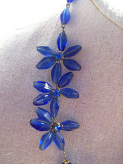 Vintage flower necklace brass wired blue glass petals prong set centers GERMANY