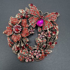 HUGE Butterfly Red Pink Flower Rhinestone Wreath Brooch Pin J26