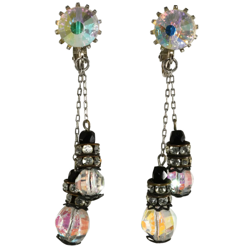 1960s VTG Earrings Iridescent Crystals Rhinestones Dangles