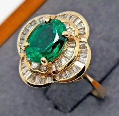 Art Deco Style Emerald Lab Created Diamond 14K Yellow Gold FN Engagement Ring