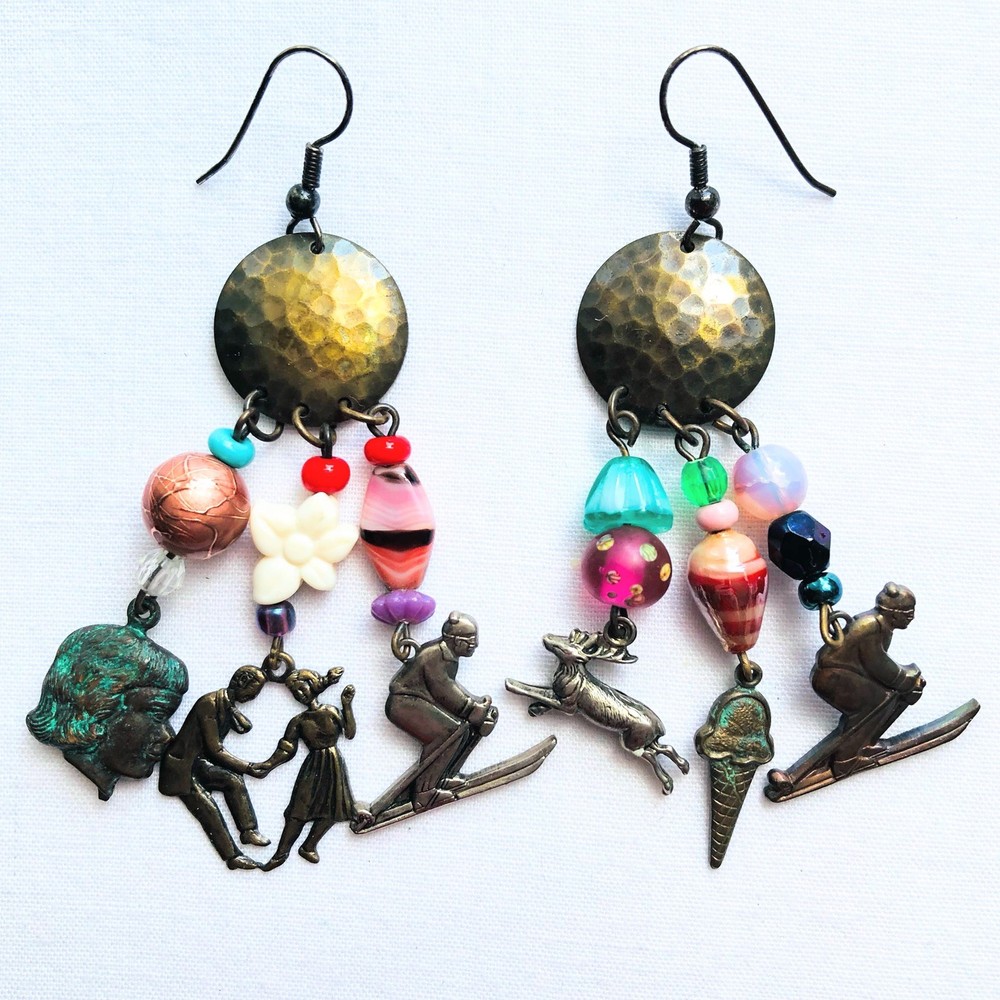 Charm Fringe Dangle Earrings Skiing Ice Cream Dancer Charms Whimsical Jewelry