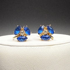 Vintage Gold Tone Blue Navette Rhinestone Screwback Earrings Mid Century Whimsy