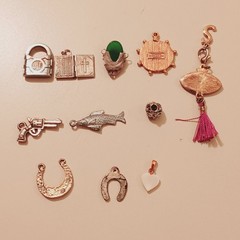 Vintage Silver Tone Charm Lot Yale Padlock Bible Gun Fish Horseshoe Jade Jewelry