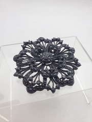 Vintage HUGE JET Black Japanned RHINESTONES Mourning BROOCH PIN FLOWER 2.5″