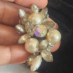Vintage Aurora Borealis Rhinestone and Faux Pearl Cluster Clip On Earring Brooch