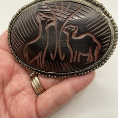 Vintage Hand Carved Deer Brooch C Clasp Horn (?) Large 3 x 2.5 in Pin African