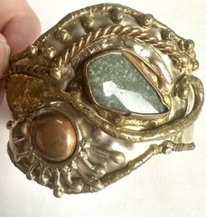 VTG Hippie Artist Studio Boho Bracelet Stone Mixed Metals Natural Cuff