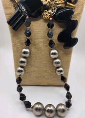 Signed Artist Made Kyna Black Lucite Large Beaded Unusual Double Sided Necklace