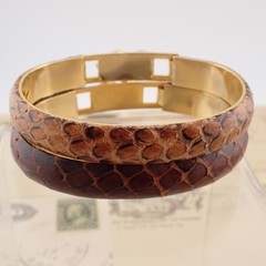VTG Pair Set of 2 Brown Snake Skin Gold Tone Tension Closed 6 1/2″ Bracelet Lot