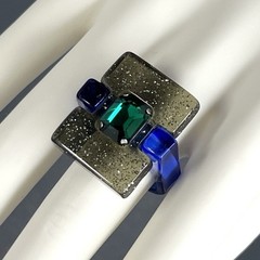 Modernist Lucite Ring Blue Black Glitter Rhinestone Size 8 Chunky Post Modern
