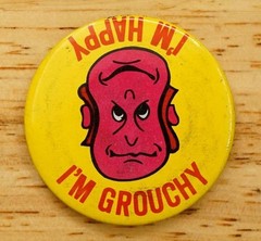 Vintage Hippie Groovy 70s Pinback Button Metal I’m Happy I’m Grouchy Mans Face