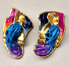 Vintage LaCombe Earrings Abstract Figural Enamel Gold Tone Art Signed Post