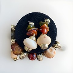 Elegant Beaded Necklace, Bracelet and Earrings Gold Tone Cream Amber Colors