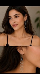Vintage Silver Tone Hematite Dangle Earrings Long Open Circle Drop Boho Minimali