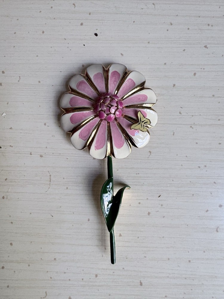 Vintage Enamel Brooch Pin Floral Pink Green Large Statement Flower